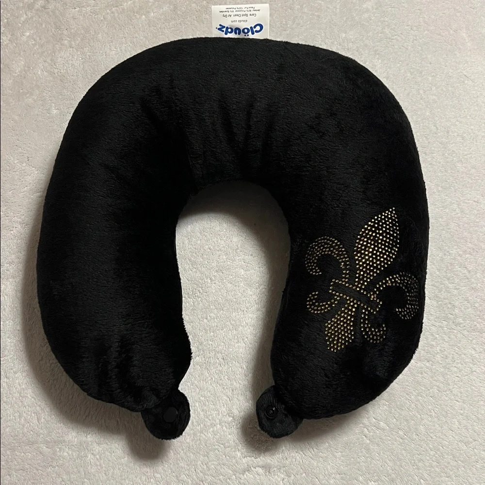 Clouds. Black Travel Neck Pillow with Gold Rhinestones Fleur-de-lis ⚜️